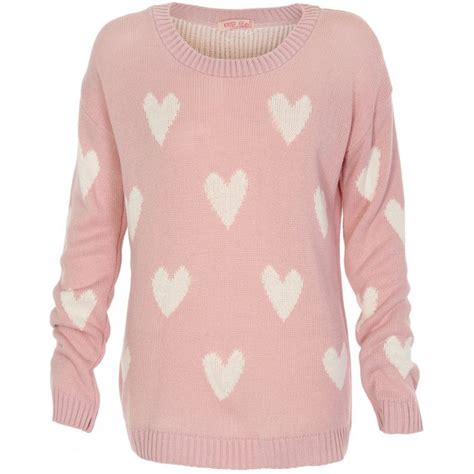 Pink Knit Long Sleeve Sweater With All Over Heart Print Pink Jumper