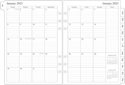 2023 Monthly Planner Refill For A5 Binder Two Page Per Month January
