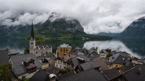 Austria Hallstatt House Mountain Forest Lake Beach Clouds Hd Wallpaper