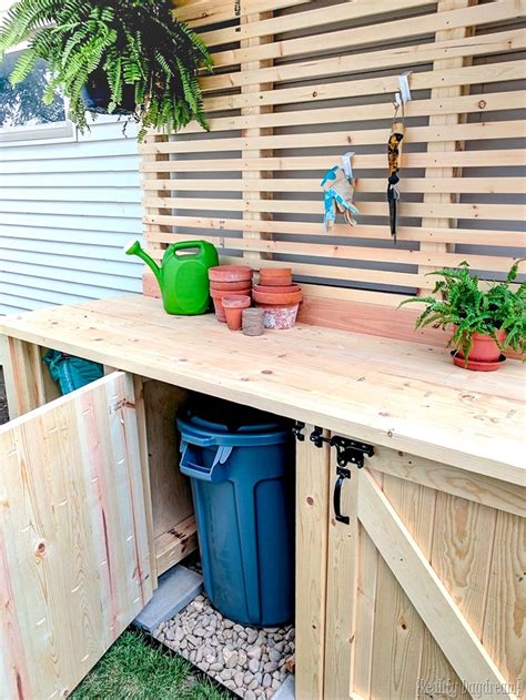 Outdoor garbage can enclosure privacy fence nook cubby vinyl screen wall block hide your unsightly yard items such as trash bins or enclosure fencing is often used to conceal or hide things like garbage cans and trash dumpsters. Potting Bench with Hidden Garbage Can Enclosure - Reality ...