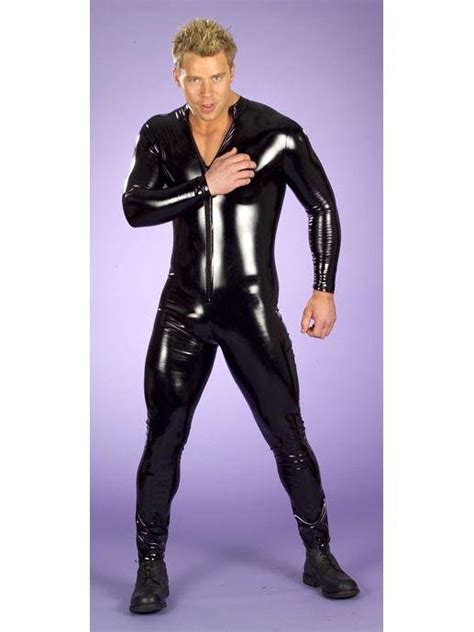 Man Vinyl Costume Catsuit Long Sleeve Black Zipper Pvc Wet Look Vinyl