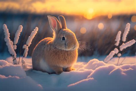 Beautiful Bunny Siting On The Snow In The Snowy Meadow Stock