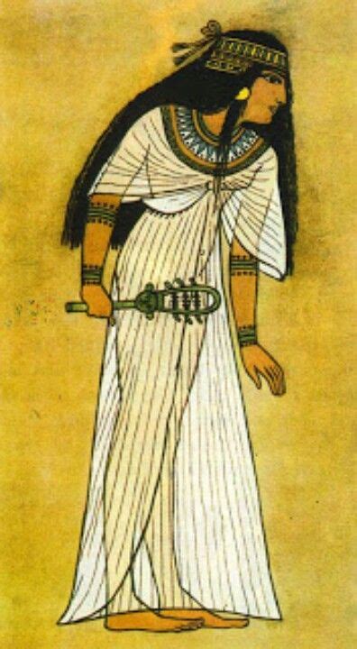 an ancient egyptian female with long hair and wearing a white dress standing in front of a