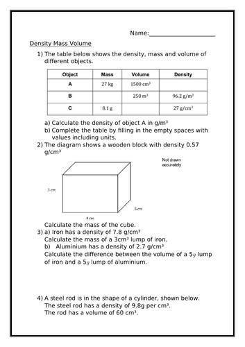 Density Mass Volume Worksheet Teaching Resources