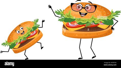 Cute Character Hamburger With Happy Emotions Face Smile Eyes Arms