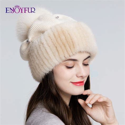 Enjoyfur Mink Fur Knitted Wool Hats For Women Winter Thick Warm Slouchy