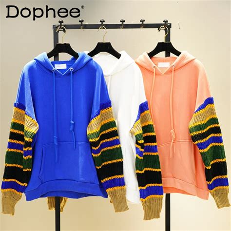 Korean Loose Oversized Fleece Pullover Hoodies Women Pockets Striped Knitted Stitching Thickened