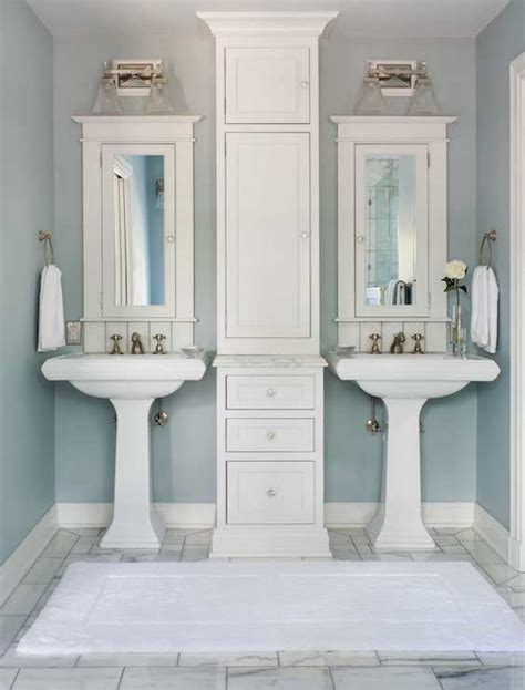 The lack of a sink cabinet eliminates potential storage for toilet paper, cleaning supplies, and other essentials. His and Her Pedestal Sinks - Transitional - bathroom ...