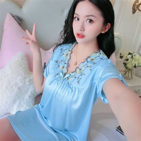 Sexy Night Dress Ice Silk Satin Sleepwear Nightgown Women Plus Size Nightwe Zt Ebay