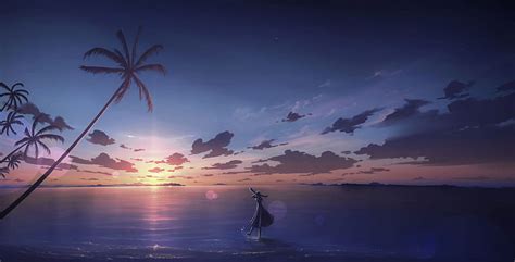 Anime Girl Horizon Landscape Clouds Sunset Anime Hd Wallpaper