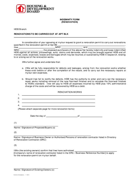 Sg Hdb Indemnity Form Renovation 2018 2022 Fill And Sign Printable