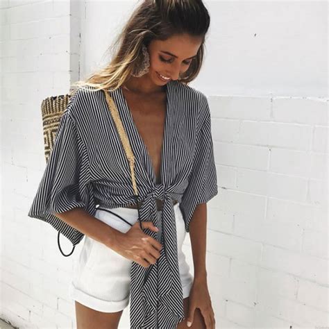 sexy girl s strips wrap and tie bare midriff tops half sleeves chest wrap shirt women s tops