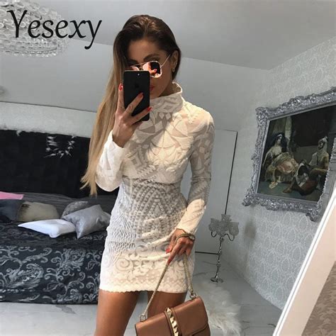Yesexy 2018 Sexy High Necked Long Sleeved Sequin Dress Vr4735 In