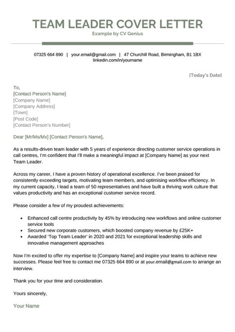 Team Leader Cover Letter Example Free UK Template
