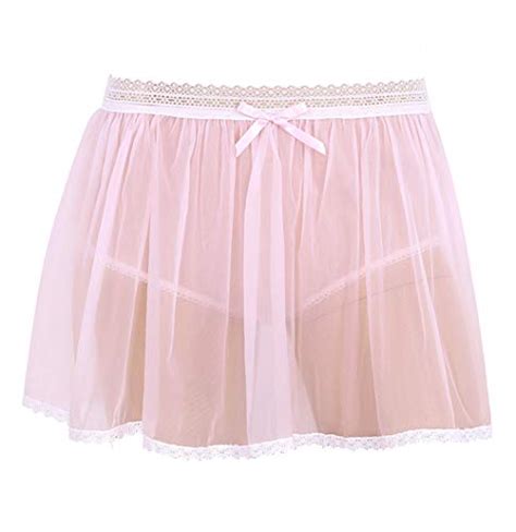 Yizyif Mens Adult Sheer Nylon Sissy Skirted Panties Thong Tulle Crossdressing Underwear Pink X