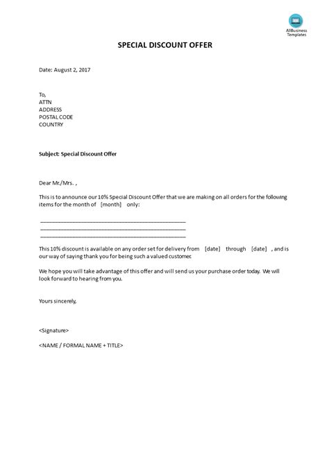 • the letter should clearly say thank you. Special Discount Offer Template - Sample letter to client ...