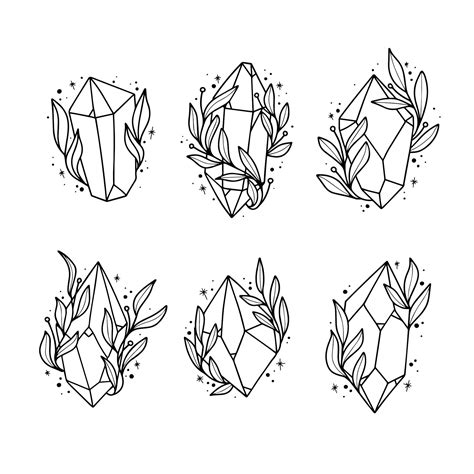 Crystal Gemstones Line Art With Floral For Tattoo 11159076 Vector Art