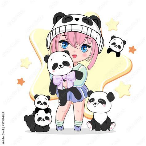 Cute Cartoon Anime Girl With Panda Toys Vector Illustration Print For