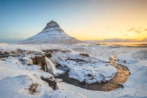 Iceland Landscape Summer Panorama Kirkjufell Mountain At Sunset With