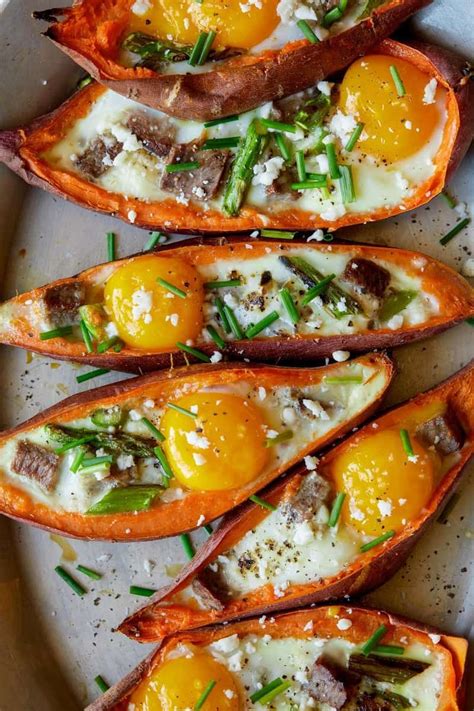 Use a whisk or fork to lightly blend your ingredients together, just enough that they will. Twice Baked Steak and Egg Sweet Potatoes | Recipe | Steak ...