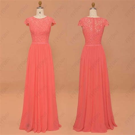 Coral Bridesmaid Dresses Cap Sleeves Modest Prom Dresses Long Coral