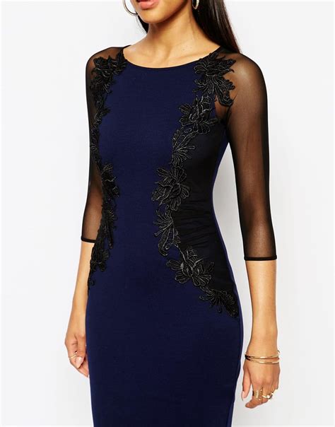 Lipsy Lace Applique Bodycon Dress With Sheer Sleeve In Navy Blue Lyst