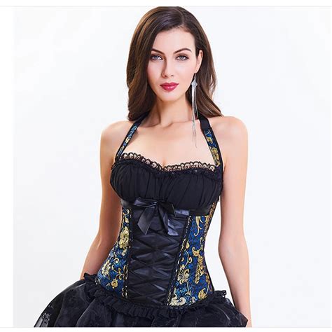 Blue Brocade Halter Sexy Corsets And Bustiers With Zipper Corset