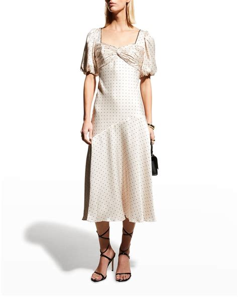 Ml Monique Lhuillier Polka Dot Satin Puff Sleeve Midi Dress Shopstyle