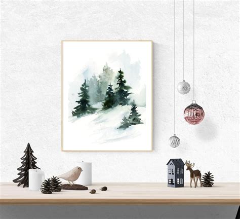 Pine Trees Winter Landscape Print Nature Winter Watercolor Painting