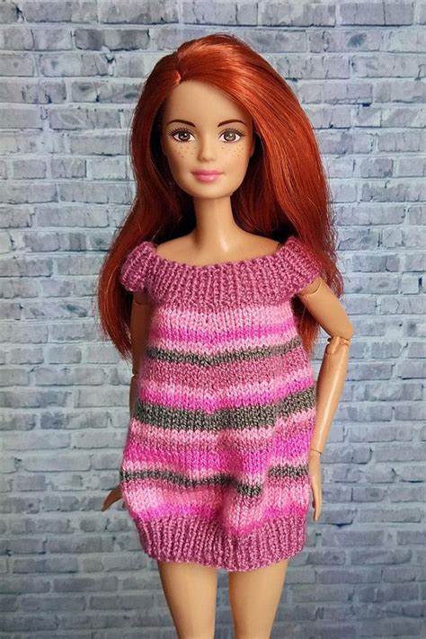 Curvy Barbie Clothes Pink Striped Tunic Knitted Mini Dress For Wwe