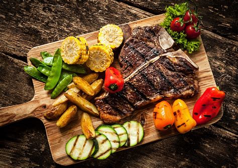Food Fries Meat Vegetables Top View Cutting Board Cow Flesh