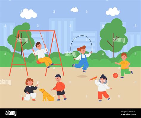 Children Playing On Playground Flat Vector Illustration Stock Vector