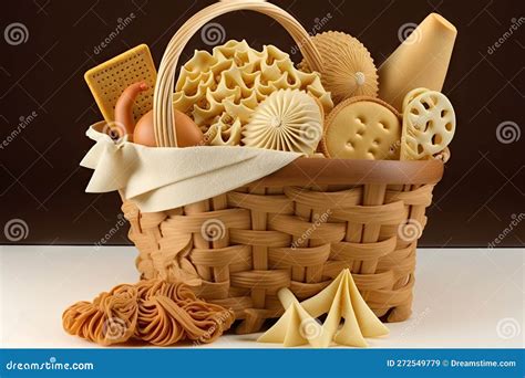 Basket Full Of Different Pastas In A Variety Of Shapes And Sizes Stock