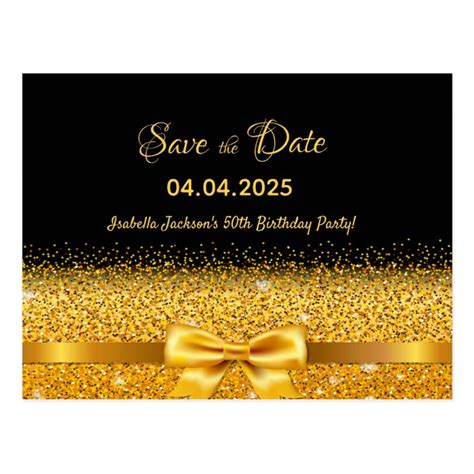 50th Birthday Party Black Gold Bow Save The Date Postcard