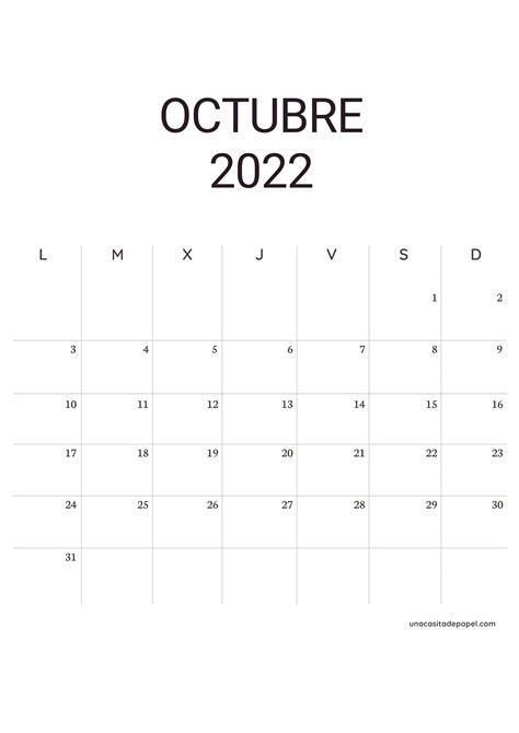 Calendario Octubre 2022 Para Imprimir Gratis Una Casita De Papel