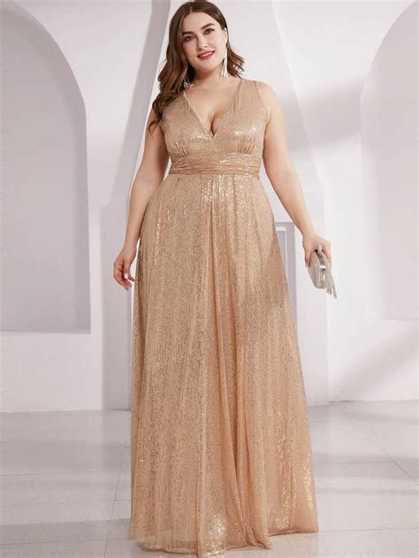 Plus Plunging Neck Sequin Prom Dress Shein Usa In Prom Dresses
