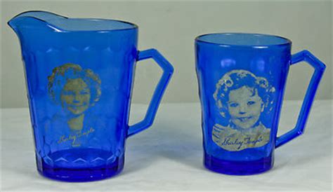 Shirley Temple Cobalt Blue Glass Milk Pitcher And Cup Set Hazel Atlas