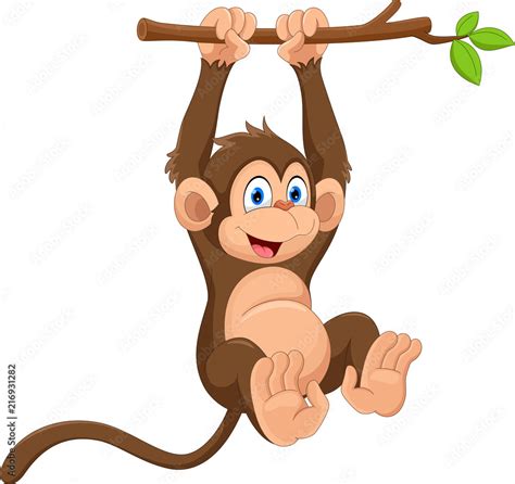 Cartoon Cute Monkey Hanging On Tree Branch Stock Vector Adobe Stock
