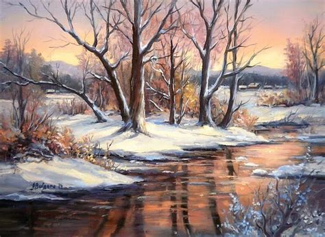A Painting Of A Winter Scene With Trees And Snow On The Ground By A River