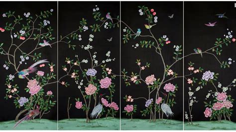 Chinoiserie Black Wall Background Birds Leaves Flowers Hd Chinoiserie