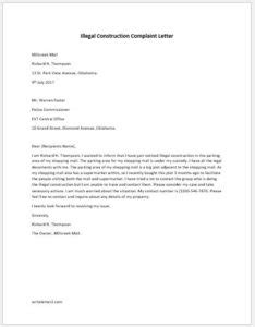 Sample letter to respond illigal ailens : Illegal Construction Complaint Letter | writeletter2.com