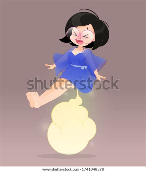 Cute Woman In Pink Nightgown Farting With Blank Balloon Out From Her Bottom Against Gray