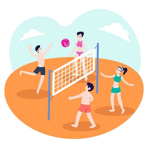 Premium Vector Illustration Of A Group Of Teenagers Playing Volleyball On The Beach In The Summer