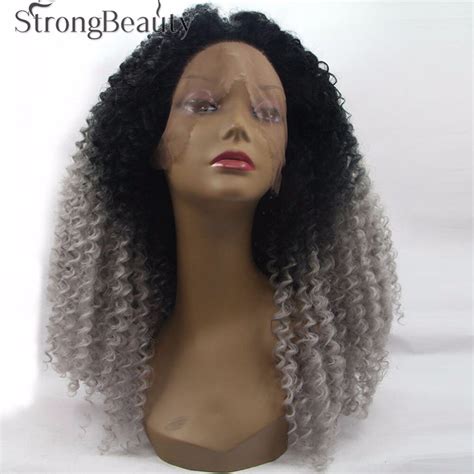 2 Tones Synthetic Lace Front Wig Gray Grey Silver Ombre Hand Tied Curly Wigs Dark Roots Natural