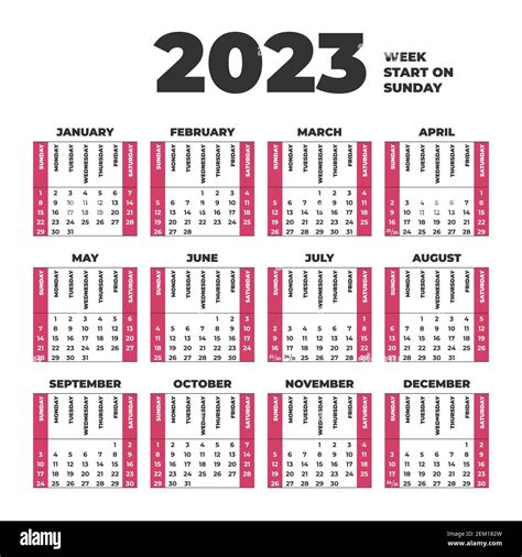 2023 Calendar template with weeks start on Sunday Stock Vector Image