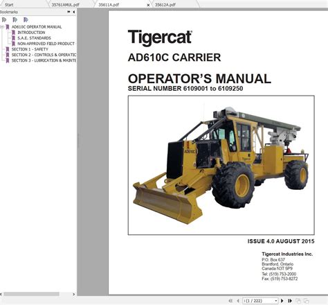Tigercat AD610C Carrier 6109001 6109250 Operator Service Manual