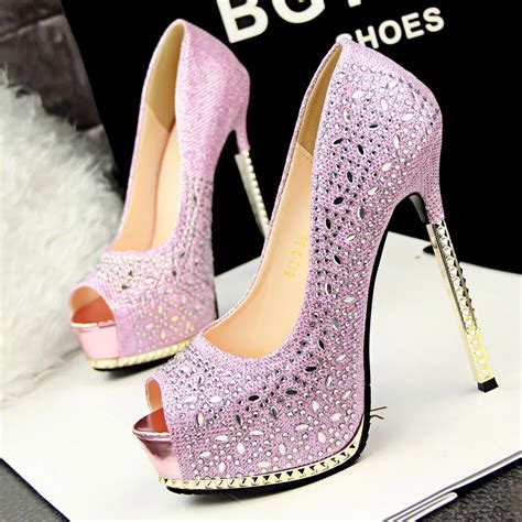 Glitter Rhinestone Diamond Pink Silver Wedding Shoes Sexy High Heels