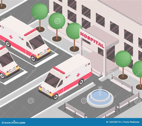 Hospital Exterior Isometric Vector Illustration 3d Ambulance Cars