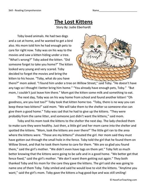 Reading Comprehension Worksheet The Lost Kittens Third Grade