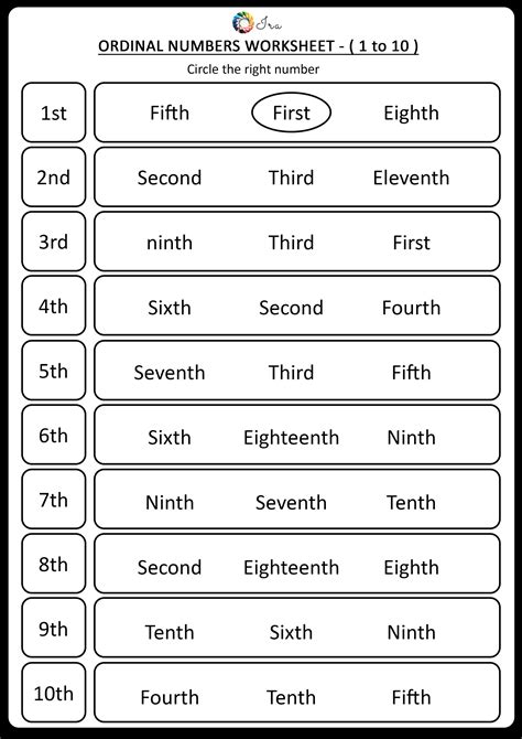 Ordinal Numbers Worksheet 1 To 10 Circle The Right Number Number